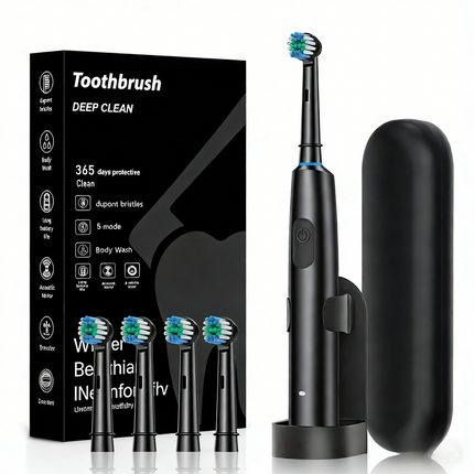 Black Rotating Round Head Electric Toothbrush Kit with 4 Heads, Case & Stand - 3D Oscillating Mechanical Cleaning for Deep Plaque Removal.