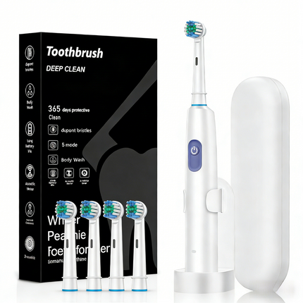 White Rotating Round Head Electric Toothbrush Kit with 4 Heads, Case & Stand - 3D Oscillating Mechanical Cleaning for Deep Plaque Removal.