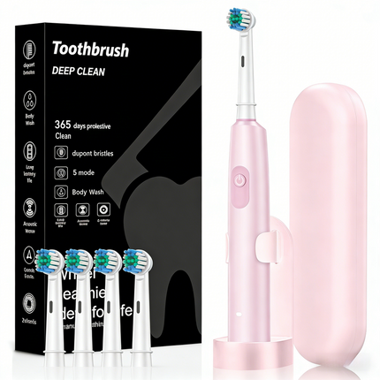 Pink Rotating Round Head Electric Toothbrush Kit with 4 Heads, Case & Stand - 3D Oscillating Mechanical Cleaning for Deep Plaque Removal.