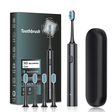 Black Sonic Electric Toothbrush Kit with 5 Cleaning Modes, 4 Heads & Travel Case - Smart Timer & Quad-Pacer, Soft Double-Arc Bristles and 120-Day Long Battery Life.