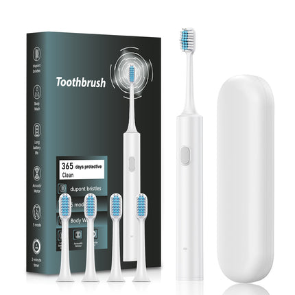 White Sonic Electric Toothbrush Kit with 5 Cleaning Modes, 4 Heads & Travel Case - Smart Timer & Quad-Pacer, Soft Double-Arc Bristles and 120-Day Long Battery Life.