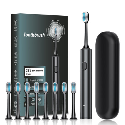 Black Sonic Electric Toothbrush Kit with 5 Cleaning Modes, 8 Heads & Travel Case - Smart Timer & Quad-Pacer, Soft Double-Arc Bristles and 120-Day Long Battery Life.