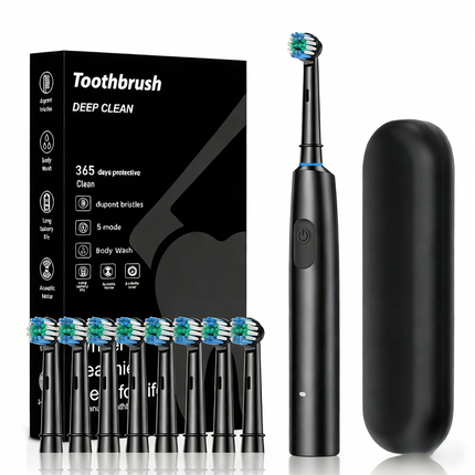 Black Rotating Round Head Electric Toothbrush Kit with 8 Heads & Case - 3D Oscillating Mechanical Cleaning for Deep Plaque Removal.