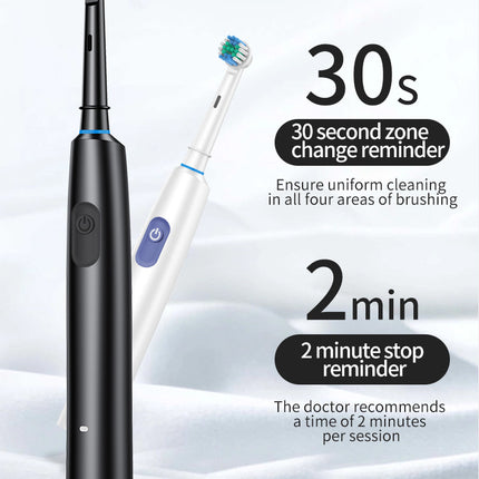 Black Rotating Round Head Electric Toothbrush Kit with 8 Heads & Case - 3D Oscillating Mechanical Cleaning for Deep Plaque Removal.