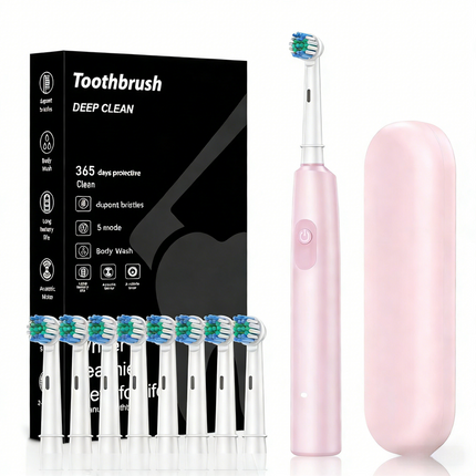 Pink Rotating Round Head Electric Toothbrush Kit with 8 Heads & Case - 3D Oscillating Mechanical Cleaning for Deep Plaque Removal.