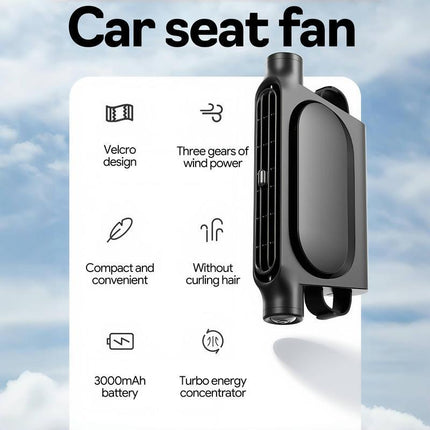 Black Cordless Dual-Turbo Car Seat Cooling Fan with Velcro Mount - Powerful 3-Speed Backrest Ventilation, Adjustable Airflow Angle & Hair-Safe Design.