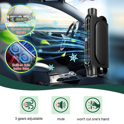 Black Cordless Dual-Turbo Car Seat Cooling Fan with Velcro Mount - Powerful 3-Speed Backrest Ventilation, Adjustable Airflow Angle & Hair-Safe Design.