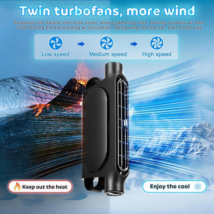Black Cordless Dual-Turbo Car Seat Cooling Fan with Velcro Mount - Powerful 3-Speed Backrest Ventilation, Adjustable Airflow Angle & Hair-Safe Design.