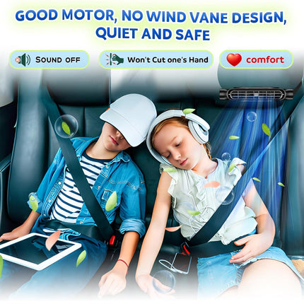 Black Cordless Dual-Turbo Car Seat Cooling Fan with Velcro Mount - Powerful 3-Speed Backrest Ventilation, Adjustable Airflow Angle & Hair-Safe Design.