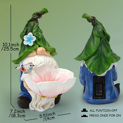 Solar Powered Garden Gnome Bird Feeder with Dual LED Lights - Automatic Night Illumination, Weather-Resistant Resin Statue.