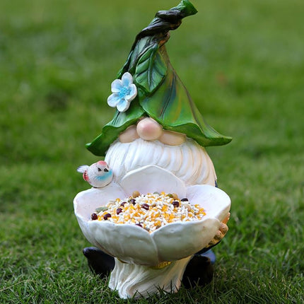 Solar Powered Garden Gnome Bird Feeder with Dual LED Lights - Automatic Night Illumination, Weather-Resistant Resin Statue.