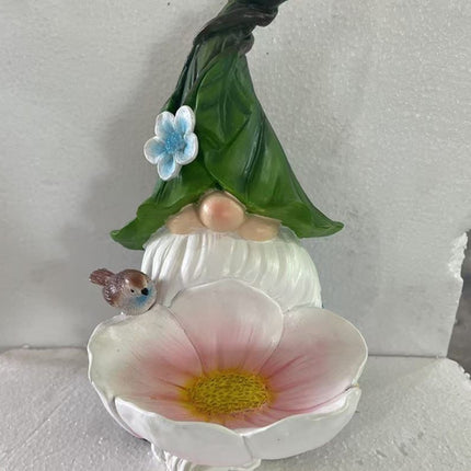 Solar Powered Garden Gnome Bird Feeder with Dual LED Lights - Automatic Night Illumination, Weather-Resistant Resin Statue.
