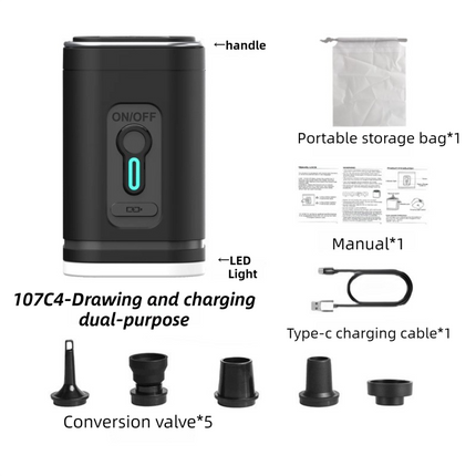Black Wireless Rechargeable Vacuum Pump with 5 Versatile Nozzles and LED - 2-in-1 Compact High-Suction Inflator & Deflator for Travel & Home.