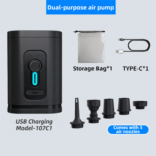 Black Wireless Rechargeable Vacuum Pump with 5 Versatile Nozzles - 2-in-1 Compact High-Suction Inflator & Deflator for Travel & Home.