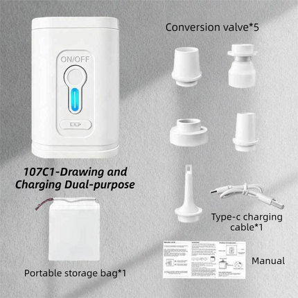 White Wireless Rechargeable Vacuum Pump with 5 Versatile Nozzles - 2-in-1 Compact High-Suction Inflator & Deflator for Travel & Home.
