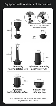 White Wireless Rechargeable Vacuum Pump with 5 Versatile Nozzles - 2-in-1 Compact High-Suction Inflator & Deflator for Travel & Home.