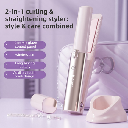 Pink 2-in-1 Wireless Hair Styler with 4 Temperature Settings, Dual Anti-Scalding & Cap - 3D Ceramic Heating Brush with Essential Oil Coating.
