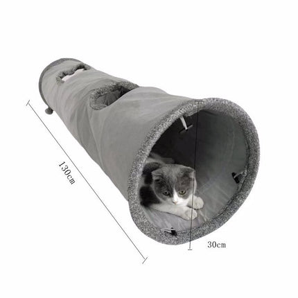 30X130CM Grey Durable Suede Foldable Cat Tunnel - Interactive Multi-Sensory Play Tube with Crinkle Paper & Plush Interior, plush ball and Steel Frame.