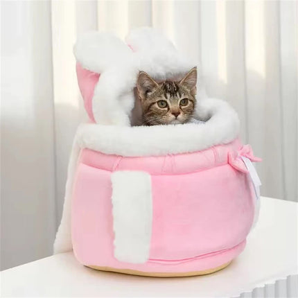 Pink 2-in-1 Ultra-Soft Plush Pet Carrier & Mobile Bed - Portable & Lightweight Cute Rabbit Ear Design Travel Cabin (L 33 x 25 x 27CM).