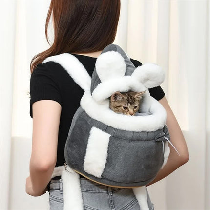 Grey 2-in-1 Ultra-Soft Plush Pet Carrier & Mobile Bed - Portable & Lightweight Cute Rabbit Ear Design Travel Cabin (L 33 x 25 x 27CM).