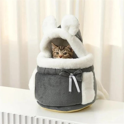 Grey 2-in-1 Ultra-Soft Plush Pet Carrier & Mobile Bed - Portable & Lightweight Cute Rabbit Ear Design Travel Cabin (L 33 x 25 x 27CM).
