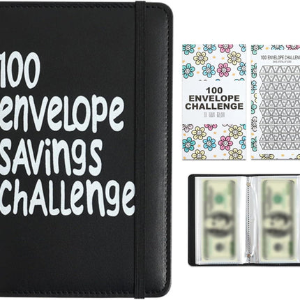 Black 100 Days Envelope Savings Challenge with 50 Clear Double-Sided Pages - Portable A6 Size for Budgeting & Financial Goals.