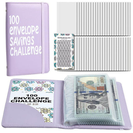 Purple 100 Days Envelope Savings Challenge with 50 Clear Double-Sided Pages - Portable A6 Size for Budgeting & Financial Goals.