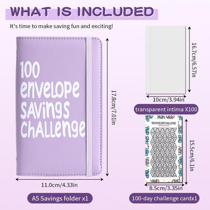 Blue 100 Days Envelope Savings Challenge with 50 Clear Double-Sided Pages - Portable A6 Size for Budgeting & Financial Goals.