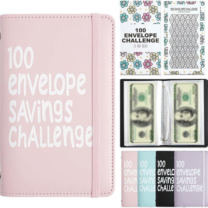 Pink 100 Days Envelope Savings Challenge with 50 Clear Double-Sided Pages - Portable A6 Size for Budgeting & Financial Goals.