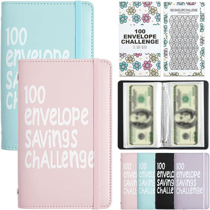 Two-Player 100 Days Envelope Savings Challenge with 50 Clear Double-Sided Pages - Portable A6 Size for Budgeting & Financial Goals (Pink + Blue).