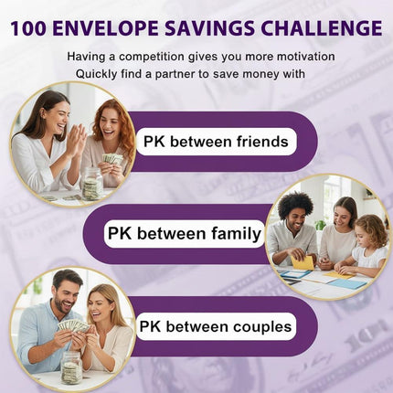 Two-Player 100 Days Envelope Savings Challenge with 50 Clear Double-Sided Pages - Portable A6 Size for Budgeting & Financial Goals (Pink + Blue).