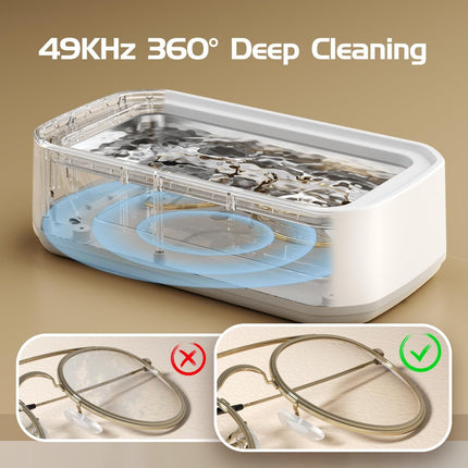 X82 White Ultrasonic Jewelry & Eyeglass Deep Cleaner with Cloth - LCD Digital Display & 5-Level Intelligent Timers and Large 650ml Stainless Steel Tank.