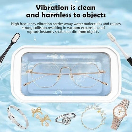 X82 White Ultrasonic Jewelry & Eyeglass Deep Cleaner with Cloth - LCD Digital Display & 5-Level Intelligent Timers and Large 650ml Stainless Steel Tank.