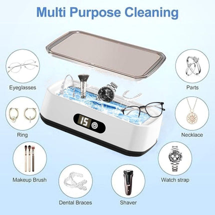X81 White Ultrasonic Jewelry & Eyeglass Deep Cleaner with Cloth - Touch Control & 3-Level Intelligent Timers and Large 650ml Stainless Steel Tank.