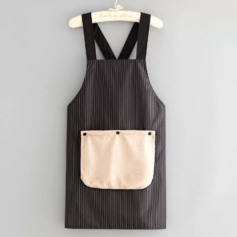 Black Waterproof & Oil-Proof Cross-Back Kitchen Apron with No-Tie Slip-On Design and Detachable Hand Towels.