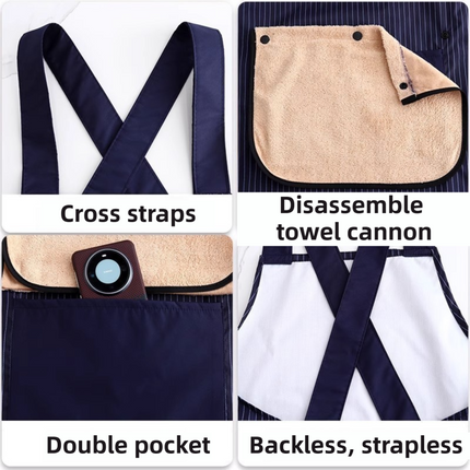 2-Pack Black Waterproof & Oil-Proof Cross-Back Kitchen Apron with No-Tie Slip-On Design and Detachable Hand Towels.