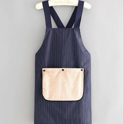 Dark Blue Waterproof & Oil-Proof Cross-Back Kitchen Apron with No-Tie Slip-On Design and Detachable Hand Towels.