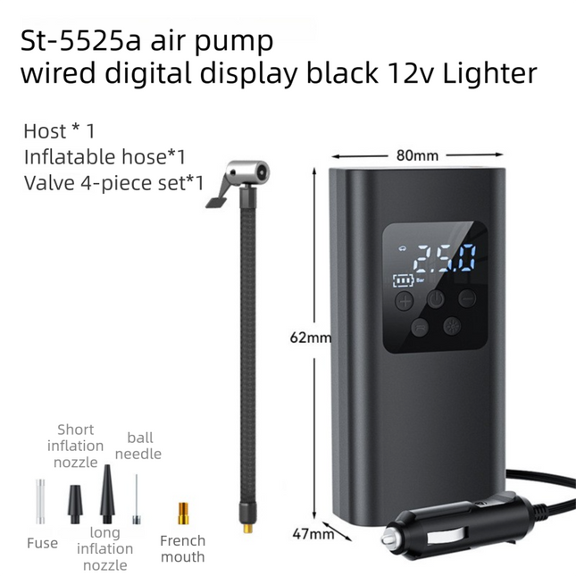 Portable 12V Lighter Electric Tire Inflator with 4 Inflation Modes & 5 Inflatable Parts - Real-Time LCD Precision Gauge, Auto-Stop & Emergency LED Light.