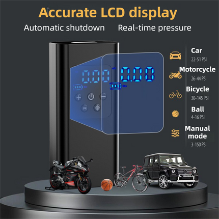 Portable 12V Lighter Electric Tire Inflator with 4 Inflation Modes & 5 Inflatable Parts - Real-Time LCD Precision Gauge, Auto-Stop & Emergency LED Light.