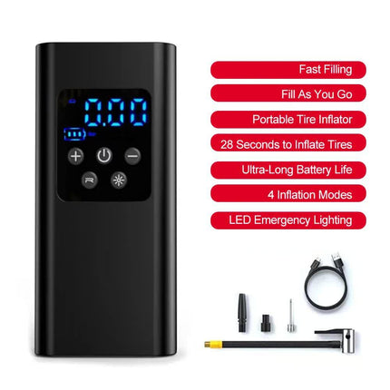 Portable 12V Lighter Electric Tire Inflator with 4 Inflation Modes & 5 Inflatable Parts - Real-Time LCD Precision Gauge, Auto-Stop & Emergency LED Light.
