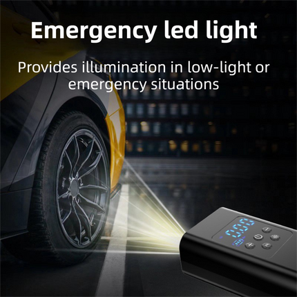 Portable 12V Lighter Electric Tire Inflator with 4 Inflation Modes & 5 Inflatable Parts - Real-Time LCD Precision Gauge, Auto-Stop & Emergency LED Light.