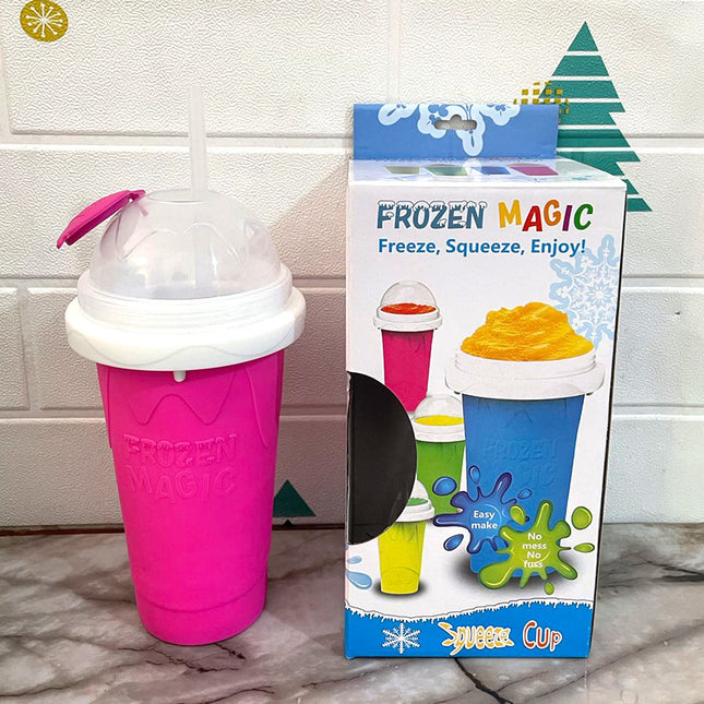 Pink Instant DIY Slushie Squeeze Maker Cup - Food-Grade Silicone Double-Layer Cooling Smoothie Cup with 2-in-1 Straw & Spoon.