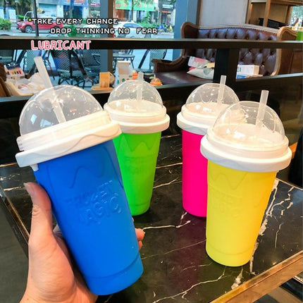 Pink Instant DIY Slushie Squeeze Maker Cup - Food-Grade Silicone Double-Layer Cooling Smoothie Cup with 2-in-1 Straw & Spoon.