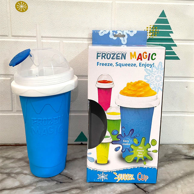 Blue Instant DIY Slushie Squeeze Maker Cup - Food-Grade Silicone Double-Layer Cooling Smoothie Cup with 2-in-1 Straw & Spoon.