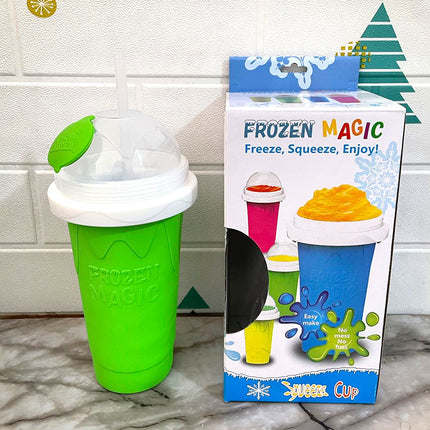 Green Instant DIY Slushie Squeeze Maker Cup - Food-Grade Silicone Double-Layer Cooling Smoothie Cup with 2-in-1 Straw & Spoon.