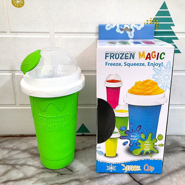 Green Instant DIY Slushie Squeeze Maker Cup - Food-Grade Silicone Double-Layer Cooling Smoothie Cup with 2-in-1 Straw & Spoon.