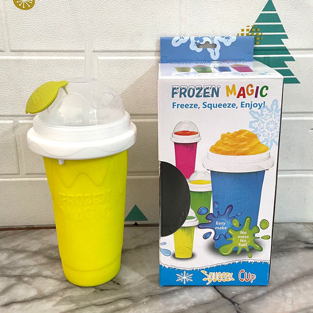 Yellow Instant DIY Slushie Squeeze Maker Cup - Food-Grade Silicone Double-Layer Cooling Smoothie Cup with 2-in-1 Straw & Spoon.