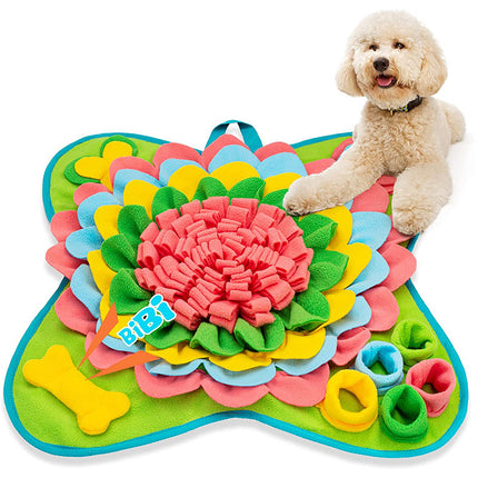 Yellow-Green 50x50CM Soft Dog Sniffing Mat with Colorful Floral & Bone - Pet Stress Relief & Slow Feeding Mat & Enrichment Blanket.