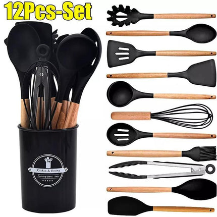 12-Piece Black Heat-Resistant Silicone Cooking Utensils with Wooden Handles and Box - Non-Stick Scratch-Free Kitchen Tool Kit.