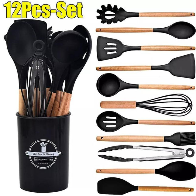12-Piece Black Heat-Resistant Silicone Cooking Utensils with Wooden Handles and Box - Non-Stick Scratch-Free Kitchen Tool Kit.